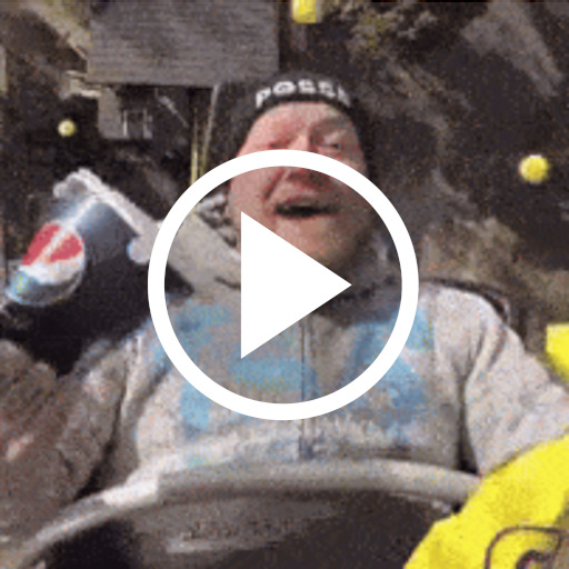 Square preview of a man eating food on a roller coaster, the snack spheres going zero gravity as they fly everywhere
